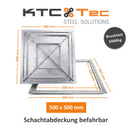 SAB-50 Stahl Schachtabdeckung verzinkt befahrbar 500 x 500 mm Tr&auml;nenblech Schachtdeckel Deckel mit Rahmen Kanalschacht quadratisch eckig