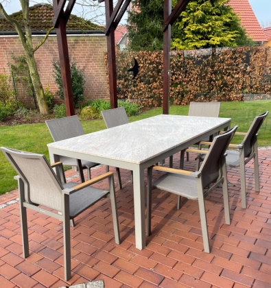 Tischgestell selbsttragend Genua Edelstahl V2A 60x60mm H720 L1990 mit Höhenverstellung K240 geschliffen oder farbig Tischgestell Gartentisch Küchentisch Esstisch